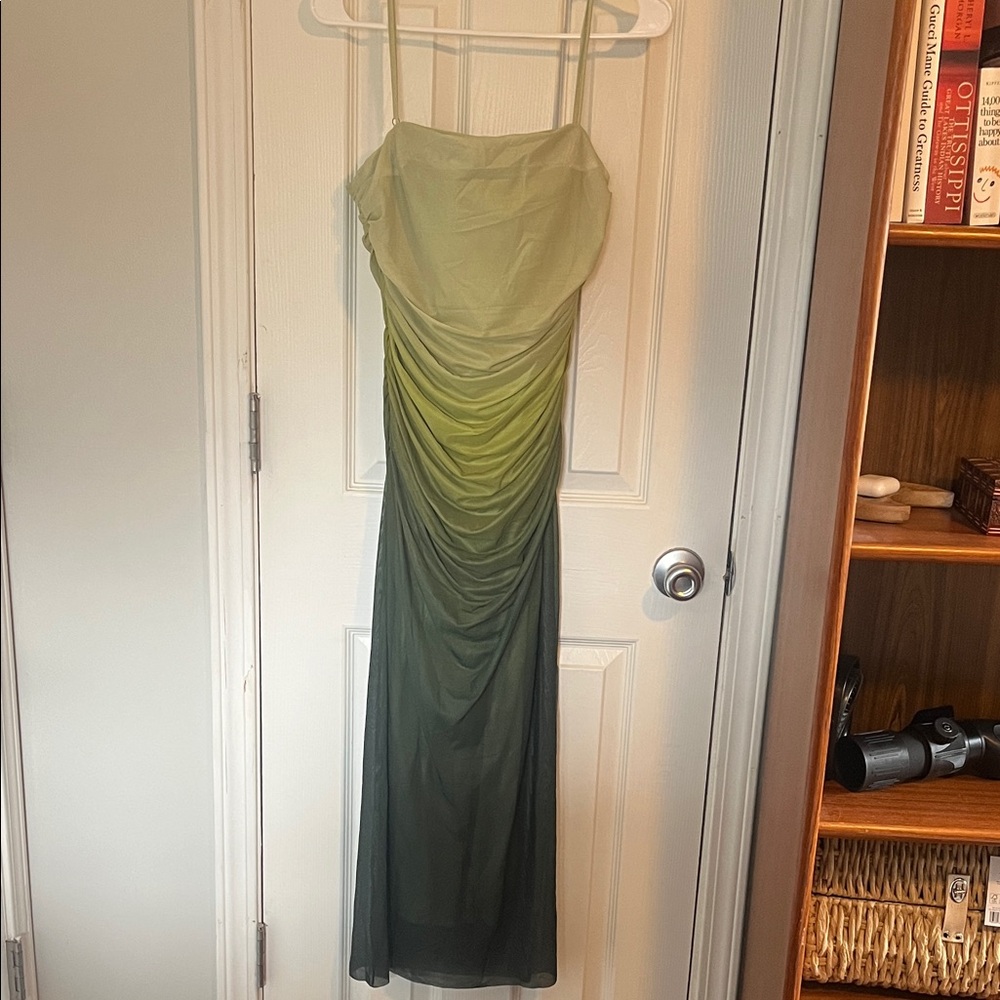 Olive Ombre Ruched Maxi Dress with Spaghetti Straps